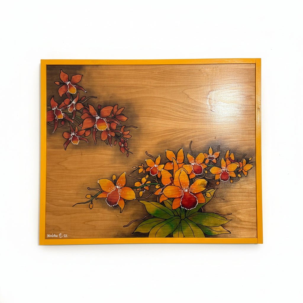 Wooden wall art with butterfly and Hawaiian flower design on wood