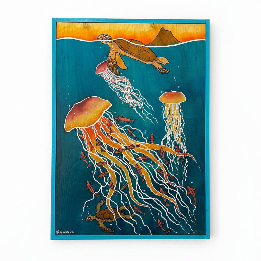 Artistic depiction of a Hawaiian Sea Turtle and jellyfish underwater scene in a blue frame.