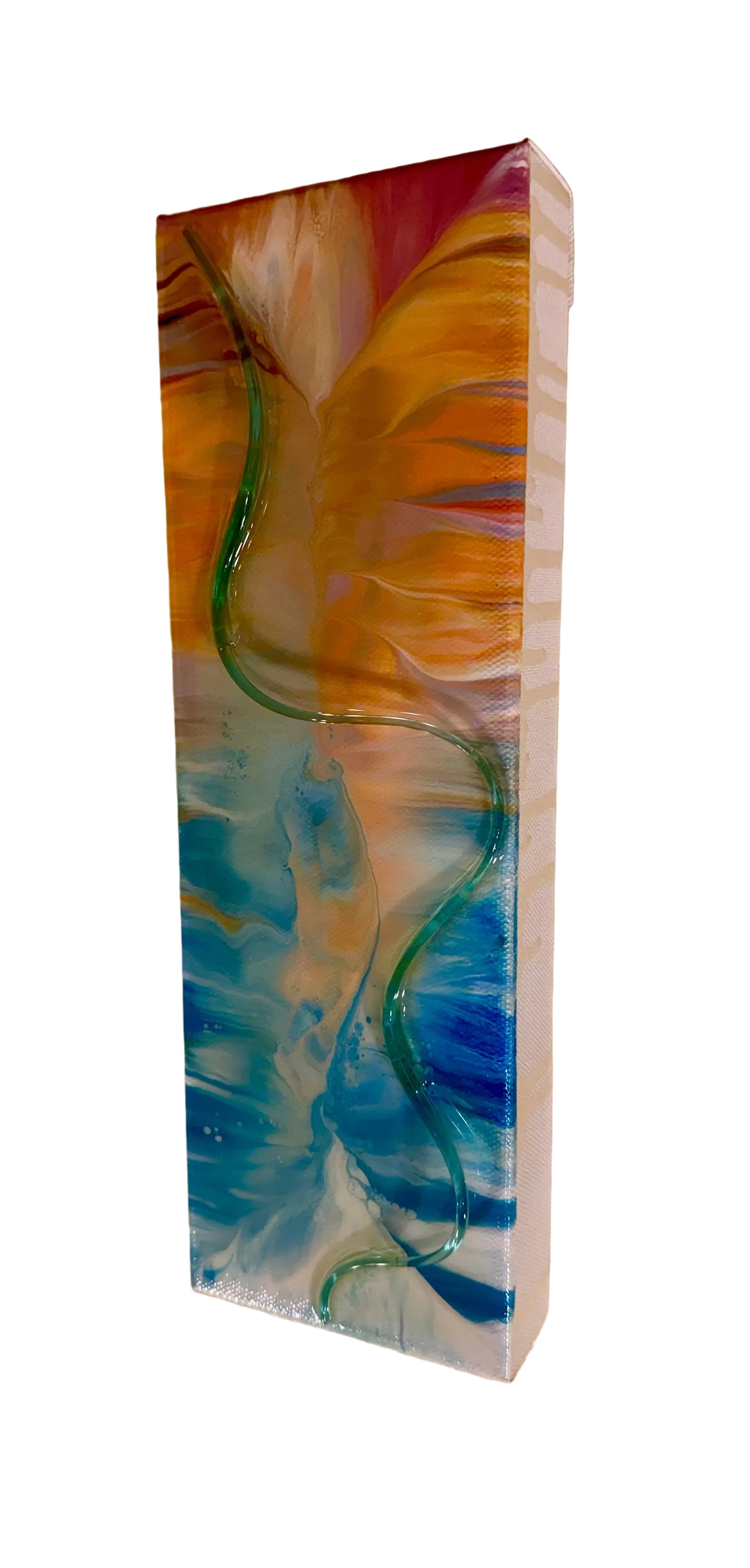 A vertical rectangular abstract wall art piece with swirling blue, white, orange, pink, and green paint, mounted on a textured yellow wall.