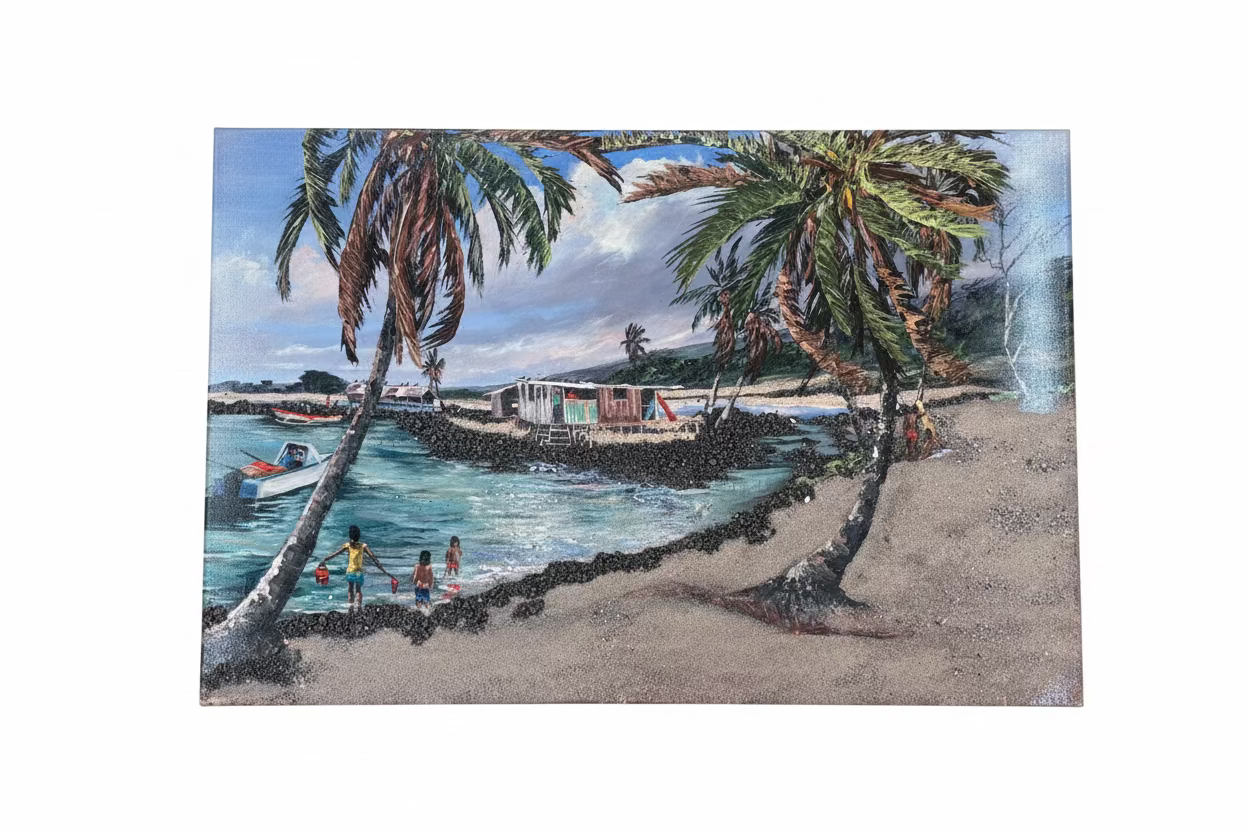 A rectangular hawaii beach scene painting or print showing palm trees over a sandy shore, turquoise water, small boats, and a few people near the shoreline, displayed against a plain white background. Honokōhau Harbor