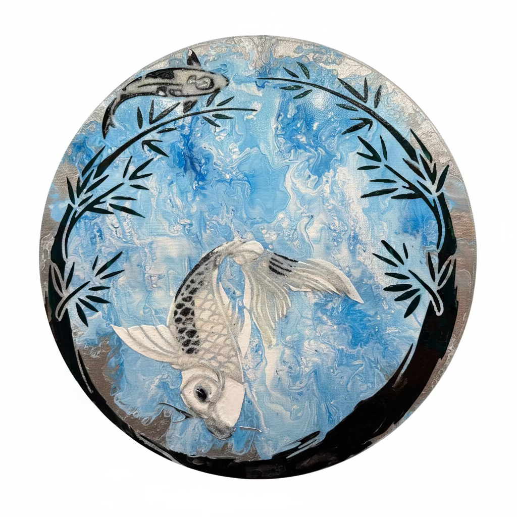 A circular art print or decor featuring a koi fish and bamboo motif on a textured blue and white background with black accents.