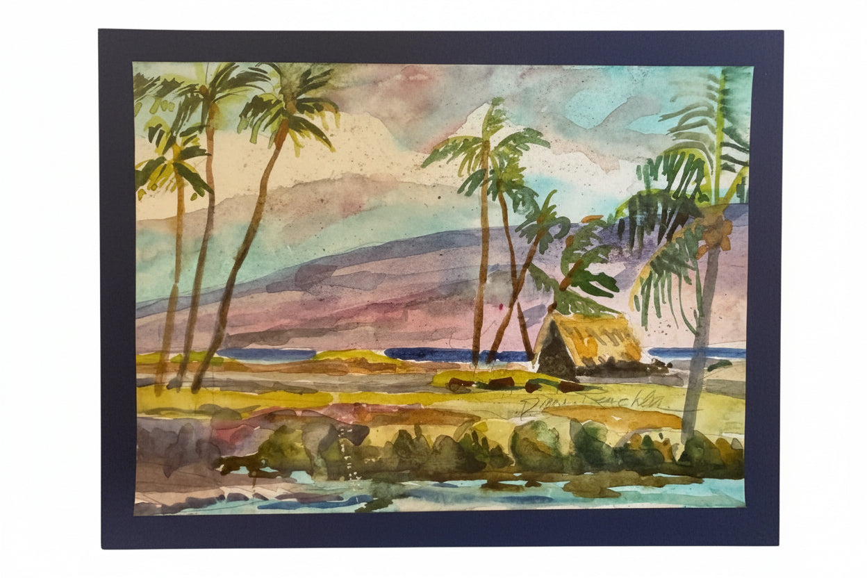 Watercolor painting of a tropical landscape with palm trees and a hut.