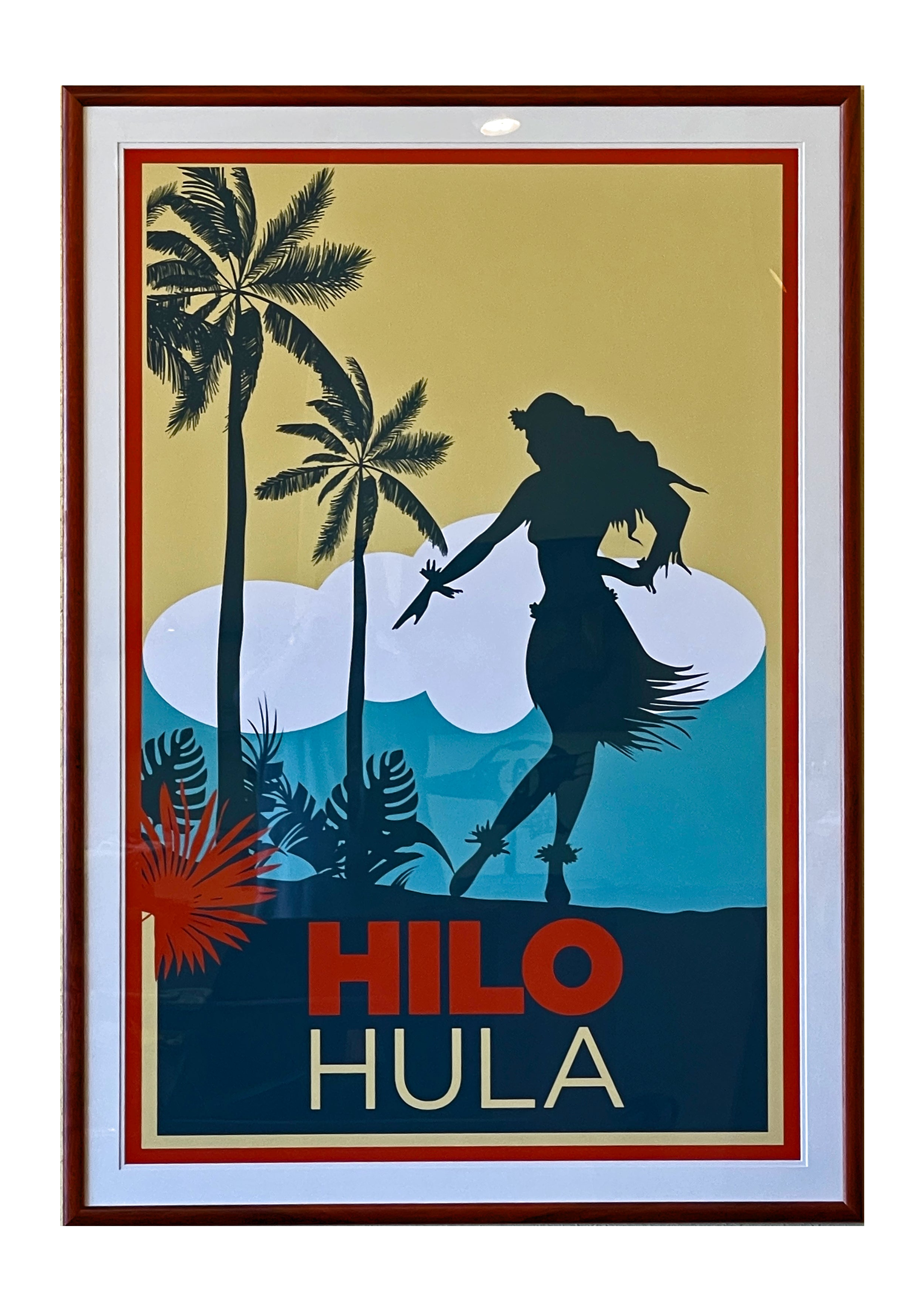 Framed poster of a hula dancer with palm trees and 'Hilo Hula' text 