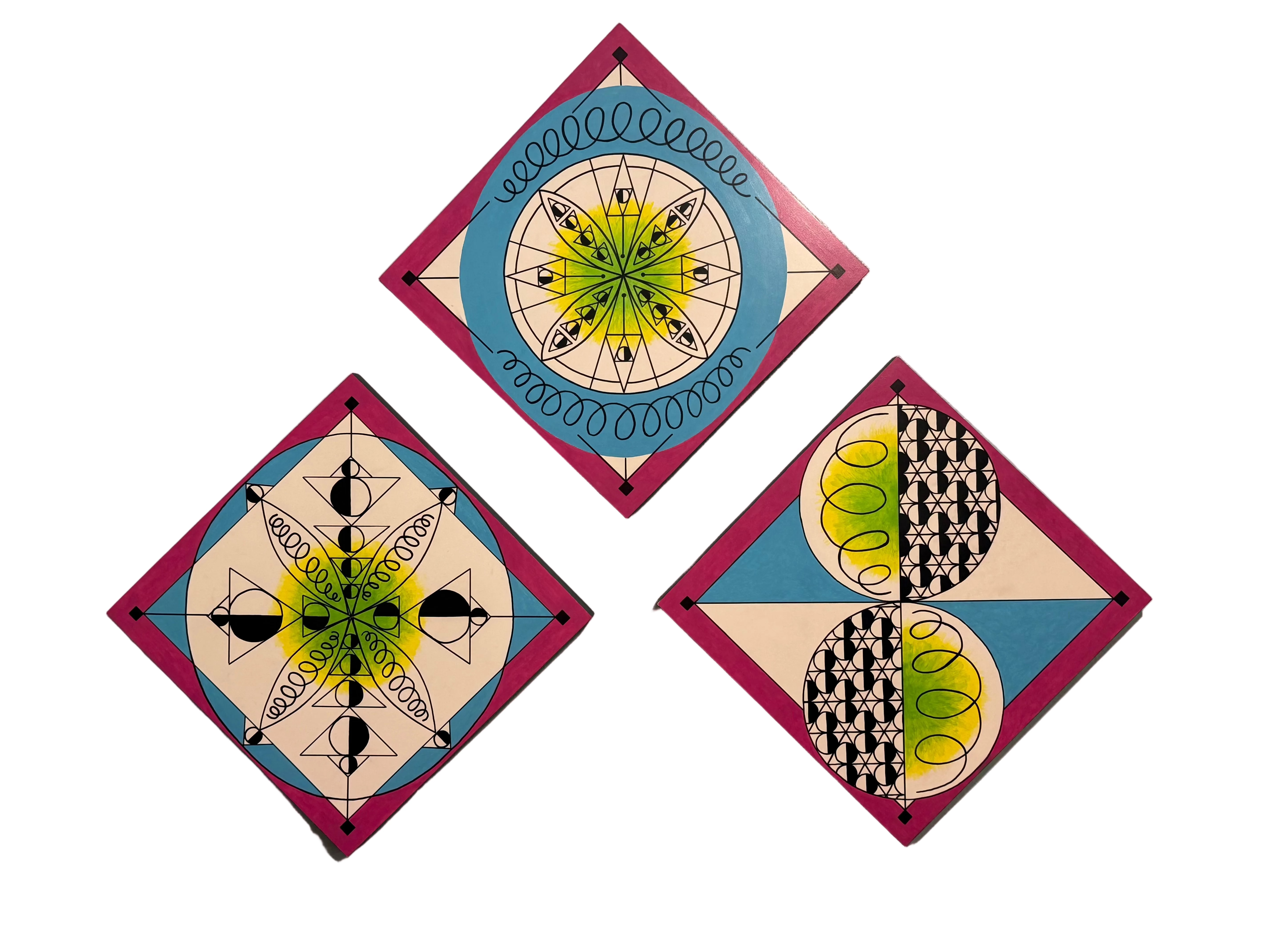 Three square decorative tiles with diamond orientations, featuring mid-century modern geometric and organic patterns in pink, blue, yellow, black, and beige on a white background.
