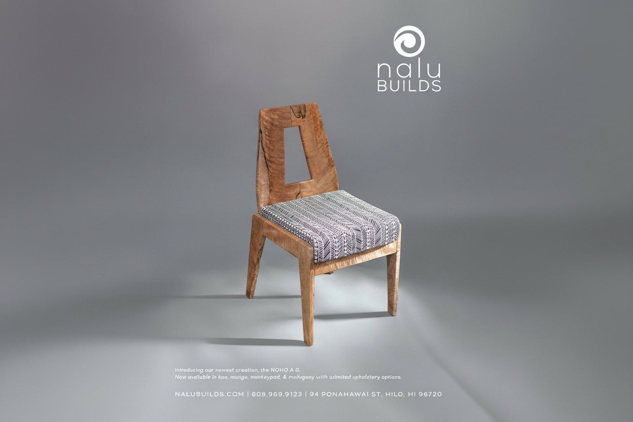 Wooden chair with a patterned cushion on a gray background, featuring the brand 'nalu Builds'.