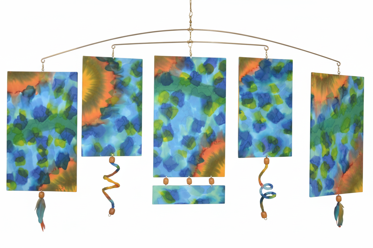 A mobile art piece featuring five colorful abstract rectangular panels with blue, green, orange, and yellow patterns, suspended from a curved gold metal rod against a gray background.