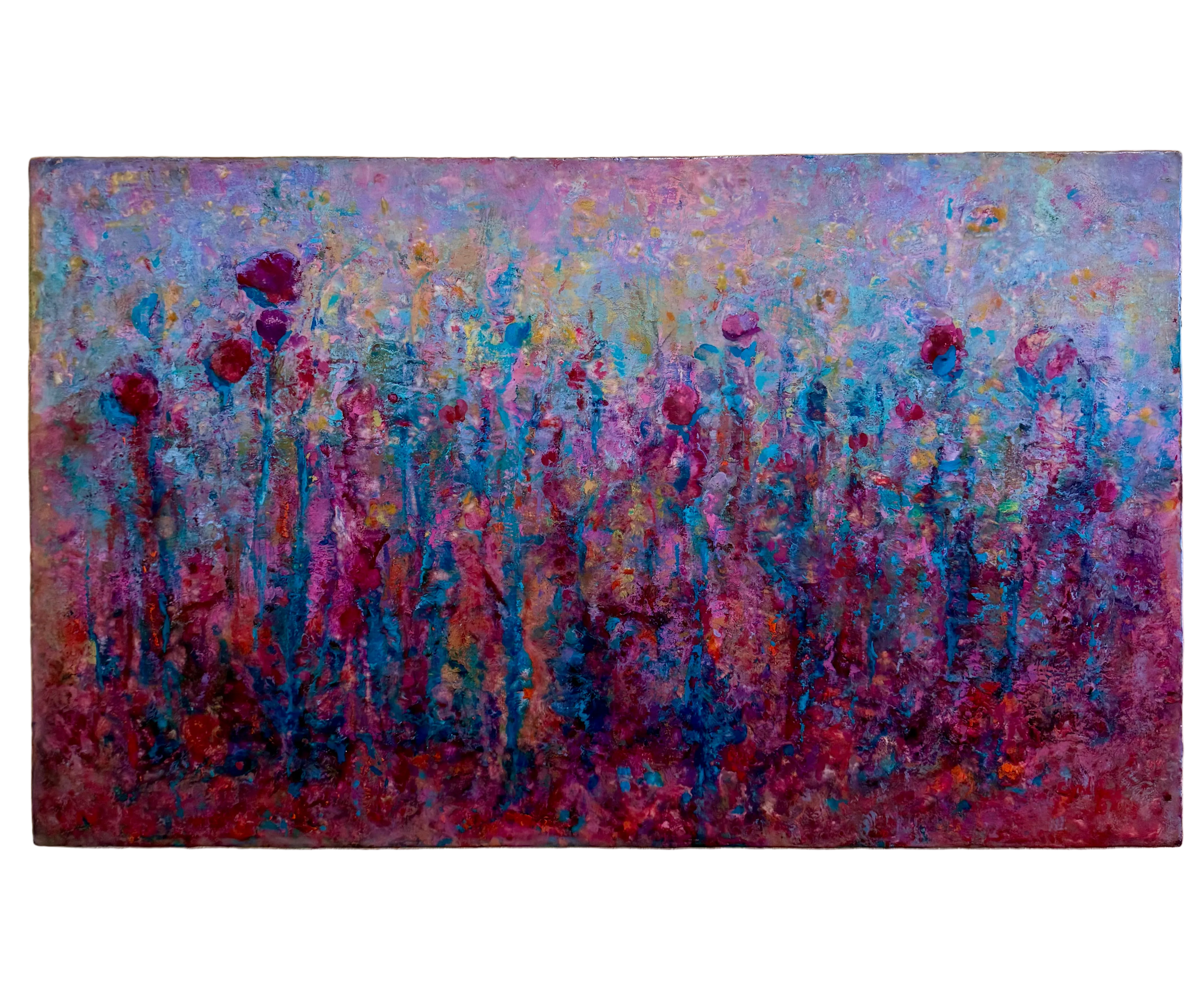An abstract floral painting on canvas featuring vibrant magenta, purple, and blue tones, hung on a textured beige wall.